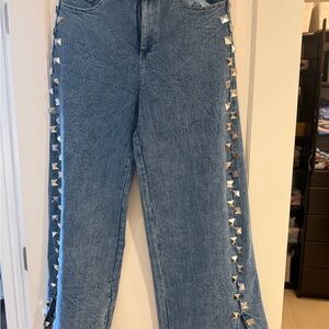 Stud-Trim Blue Wide Leg Women's Jeans